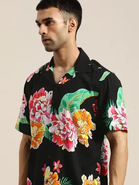 Men Black & Pink Prints Viscose Rayon Relaxed Fit Casual Resort Shirt