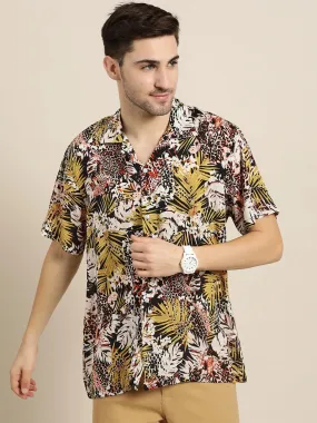 Men Black & White Prints Viscose Rayon Relaxed Fit Casual Resort Shirt