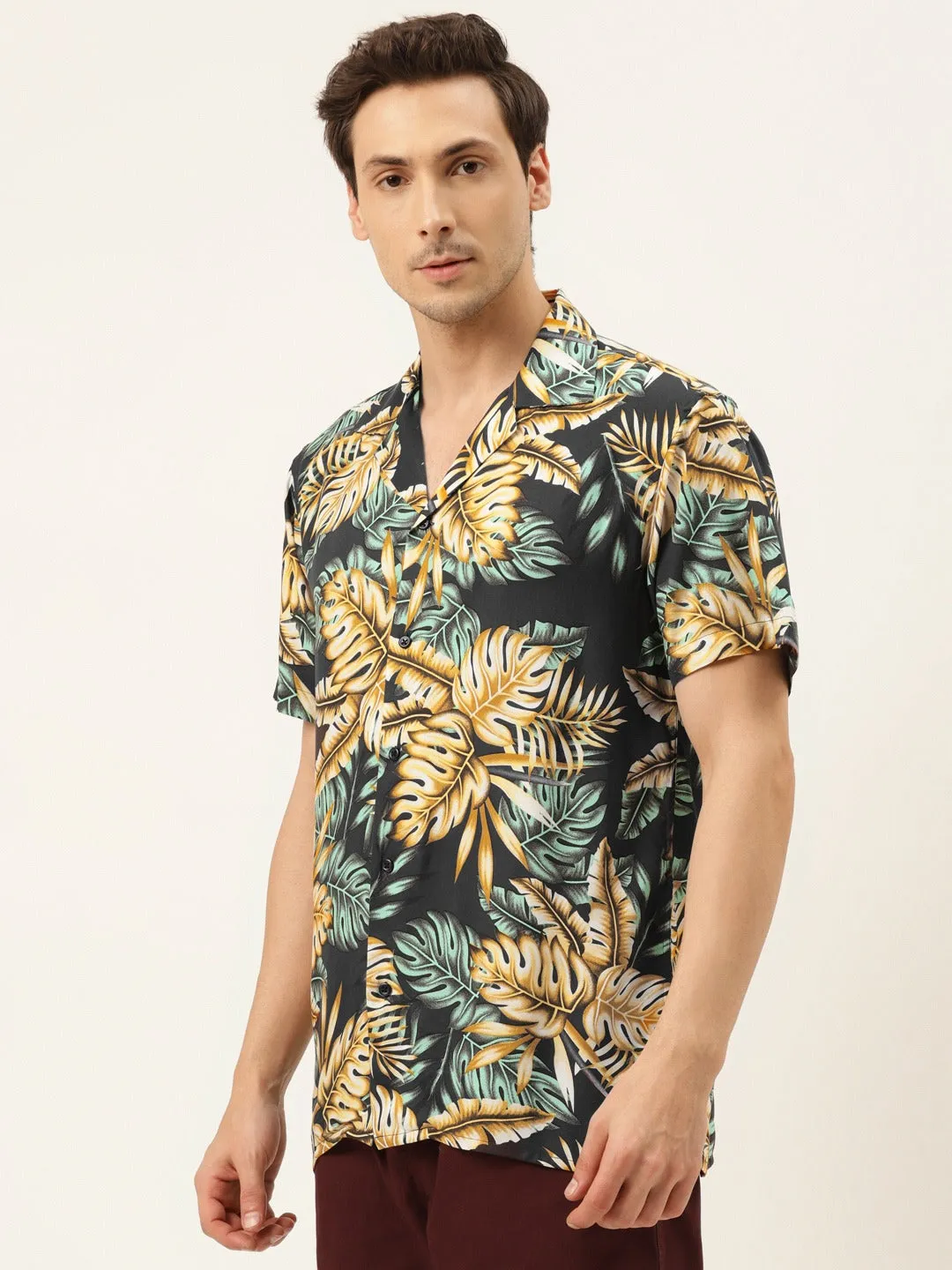 Men Black Printed Viscose Rayon Relaxed Fit Casual Resort Shirt