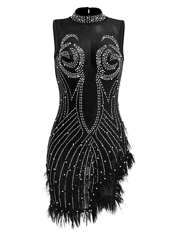 Momnfancy Chic Black Pearl Rhinestones Sparkly Irregular Feather Transparent Bodycon Party Maternity Photoshoot Mini Dress