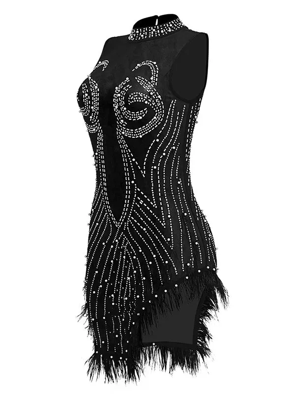 Momnfancy Chic Black Pearl Rhinestones Sparkly Irregular Feather Transparent Bodycon Party Maternity Photoshoot Mini Dress