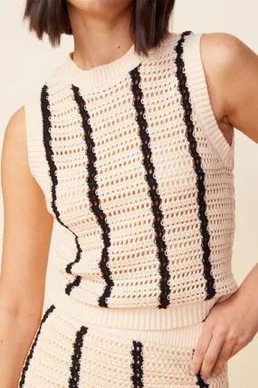 Monrow - Crochet Knit Crop Tank - Buttercream/Black