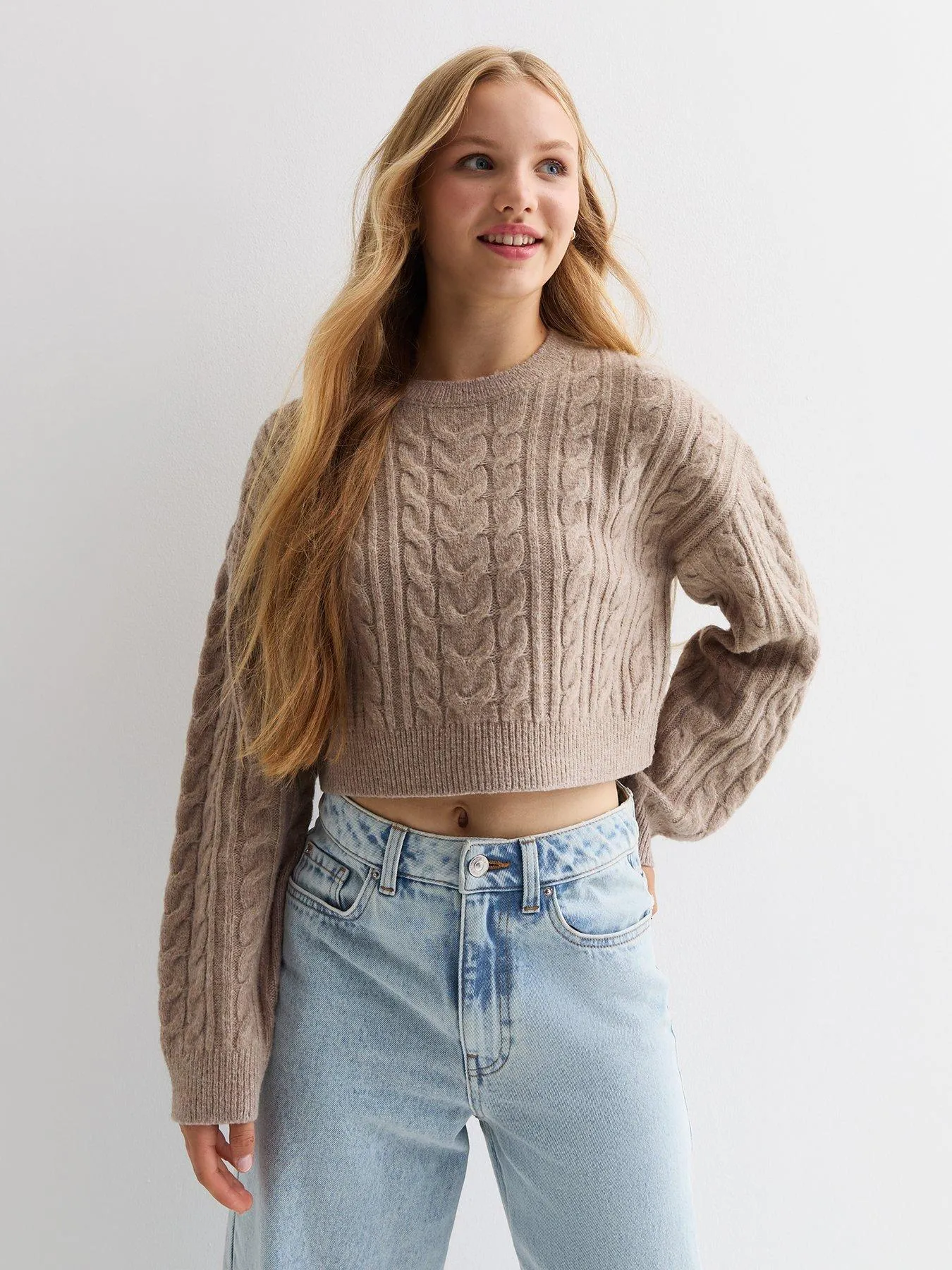 New Look 915 Girls Light Brown Cable Knit Crop Jumper