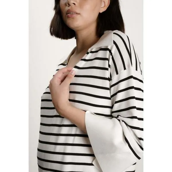 NOM Maternity Women's Suki Striped Polo Collar Slit Sleeve Sweater, Black & White