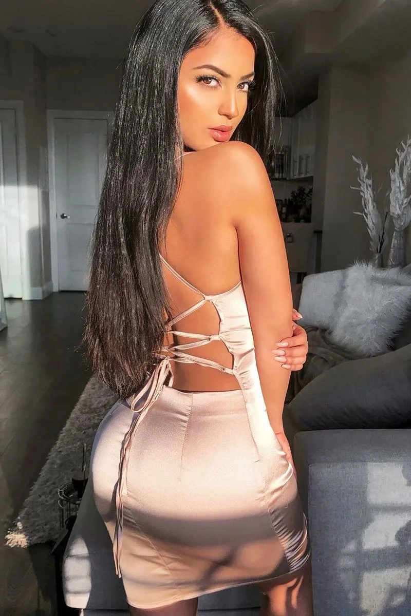 Nude Satin Lace Up Bodycon Mini Dress - Sira