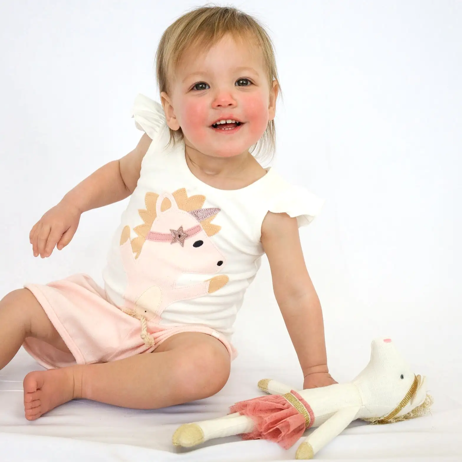 oh baby! Baby Rib Flutter Sleeve Tank - Unicorn Terry Applique - Cream