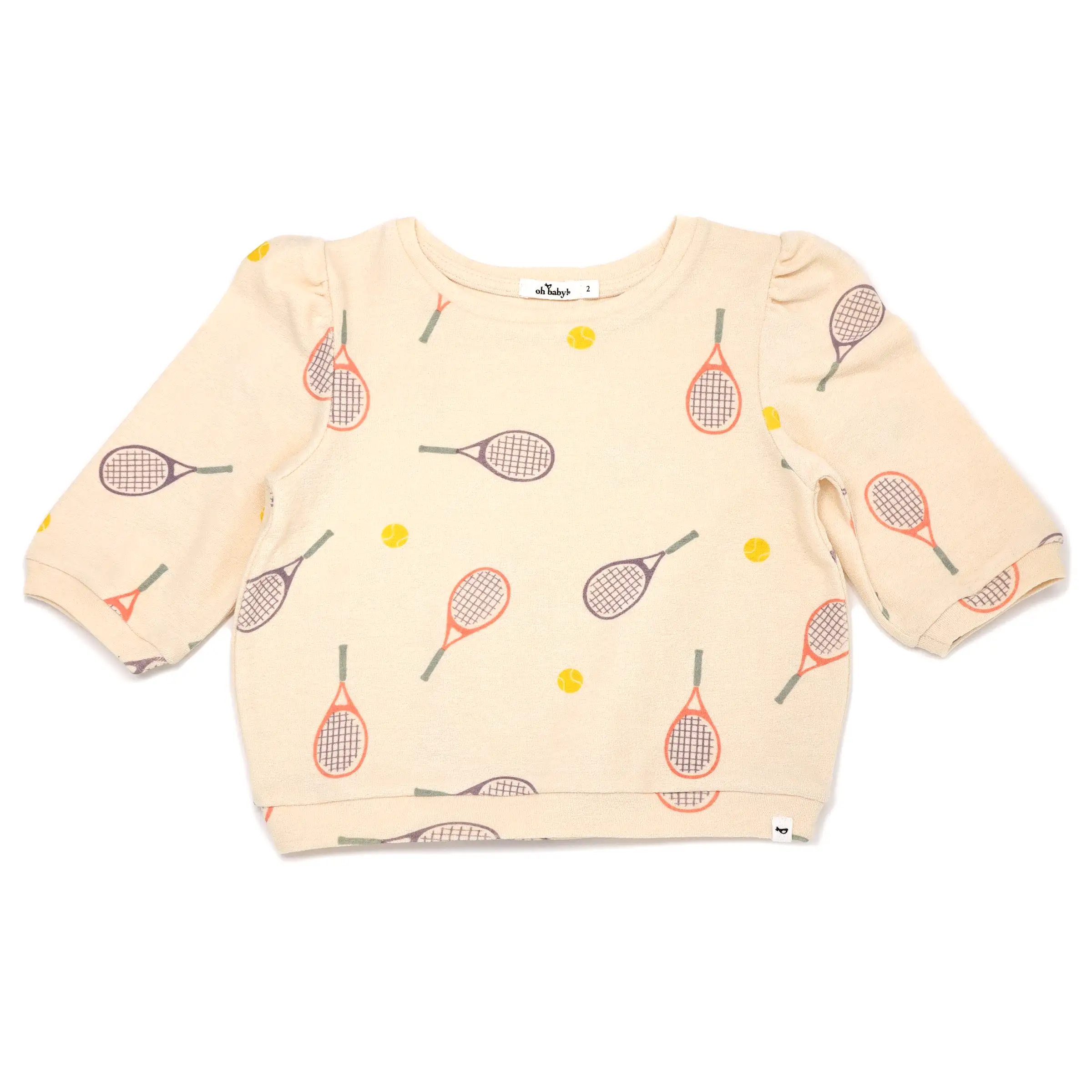 oh baby! Cotton Terry Puff Sleeve Boxy - Tennis Print - Natural