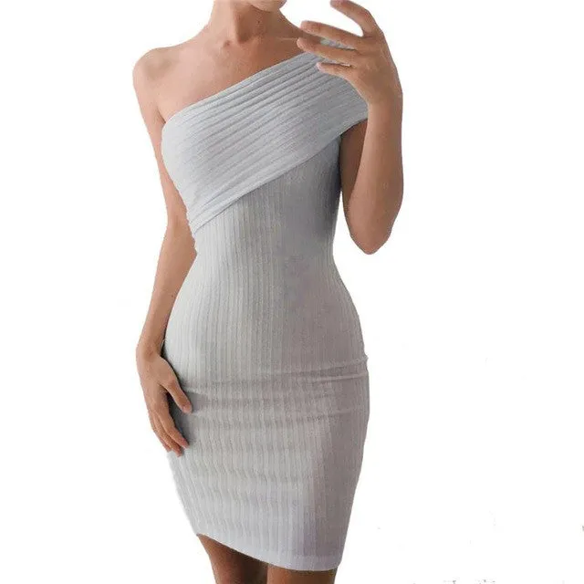 One Side Off Shoulder  Dress Women  Slim Sexy Bodycon Dress Gray Elegant  Party Short Mini Dress Vestidos #63 GS