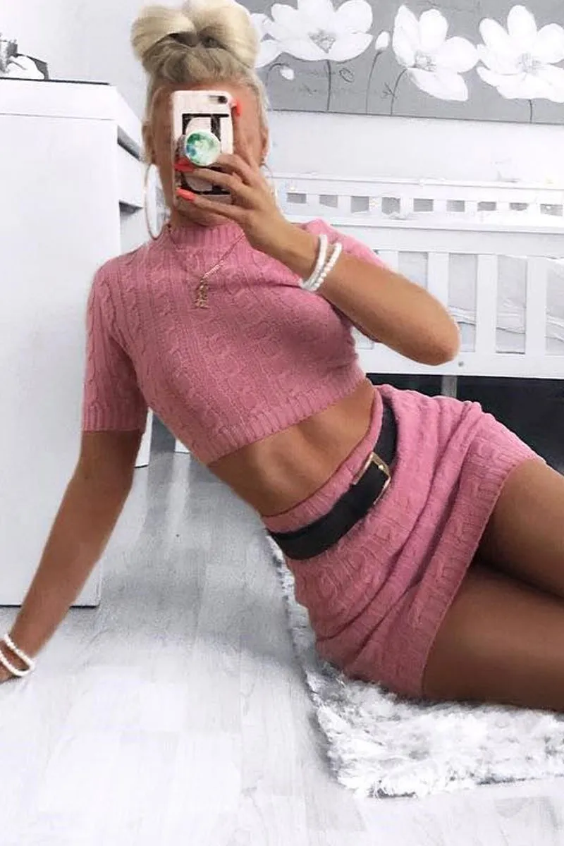 Pink Cable Knit Crop Top And Skirt Co-ord - Galiana