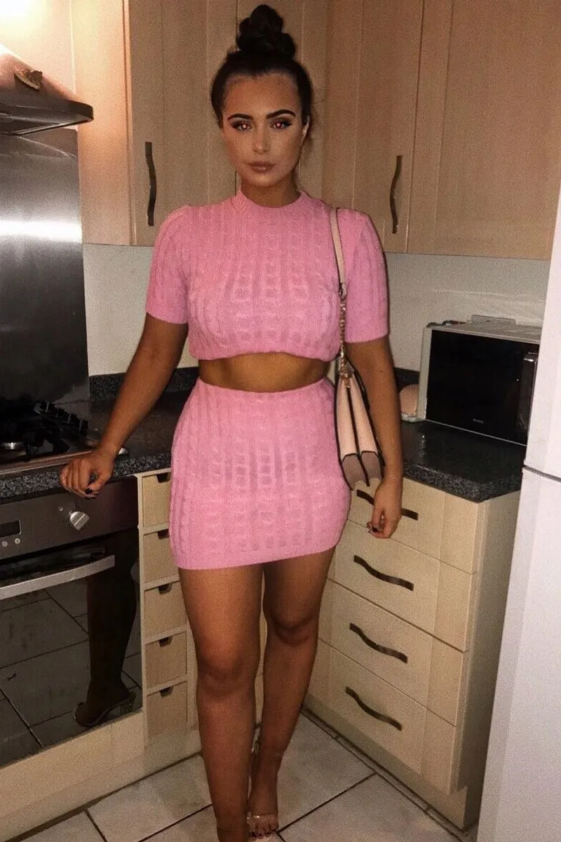 Pink Cable Knit Crop Top And Skirt Co-ord - Galiana