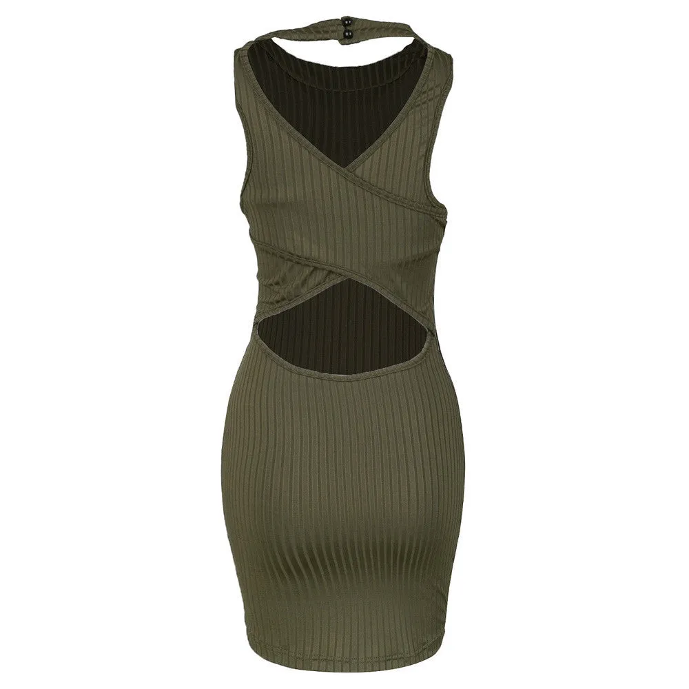 Plus Size SL Womens Dresses Olive Green Stripped Hatler Bodycon Dress Mini Club Dress