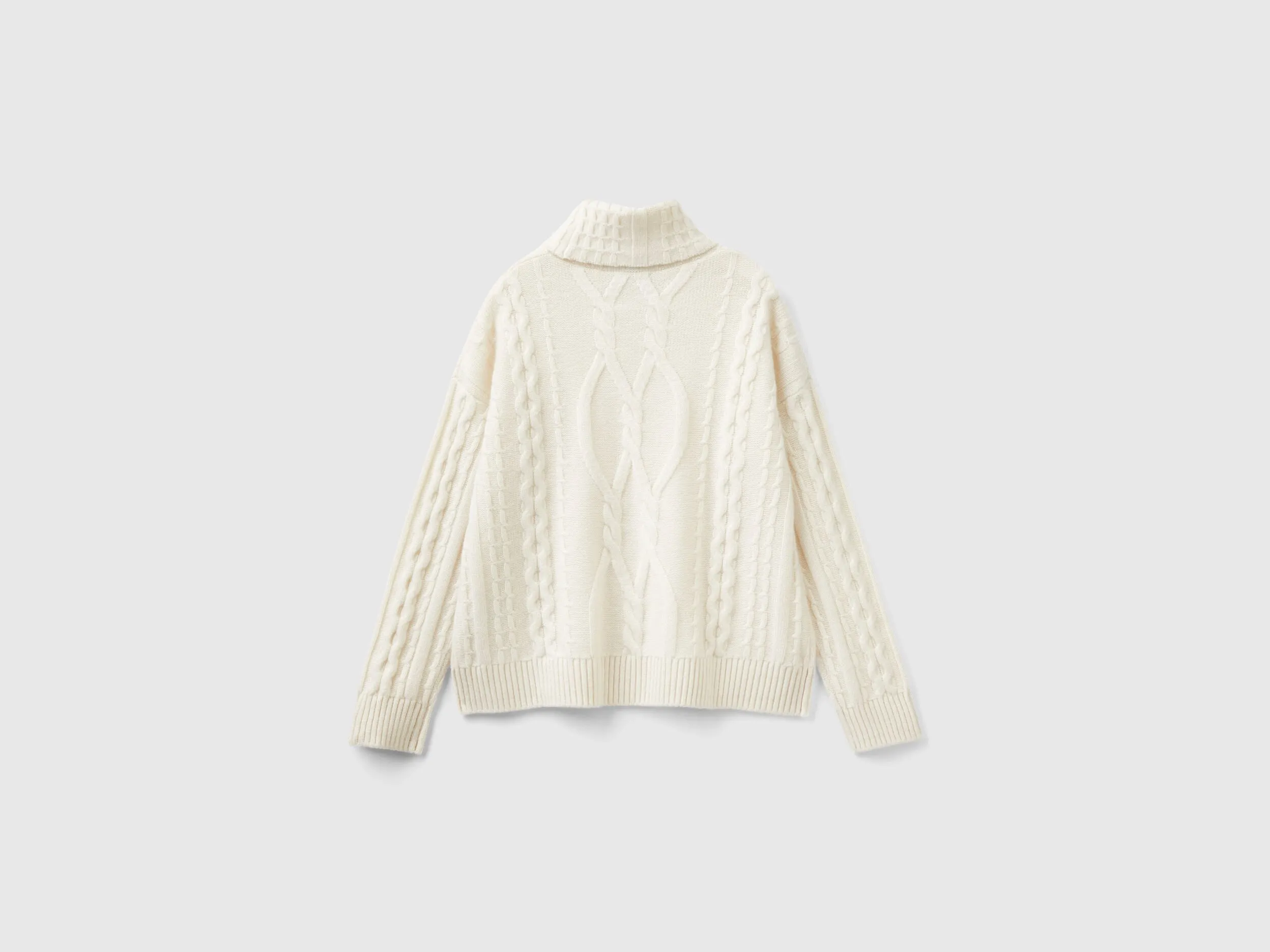 Pure cashmere turtleneck with cable knit - Creamy White | Benetton