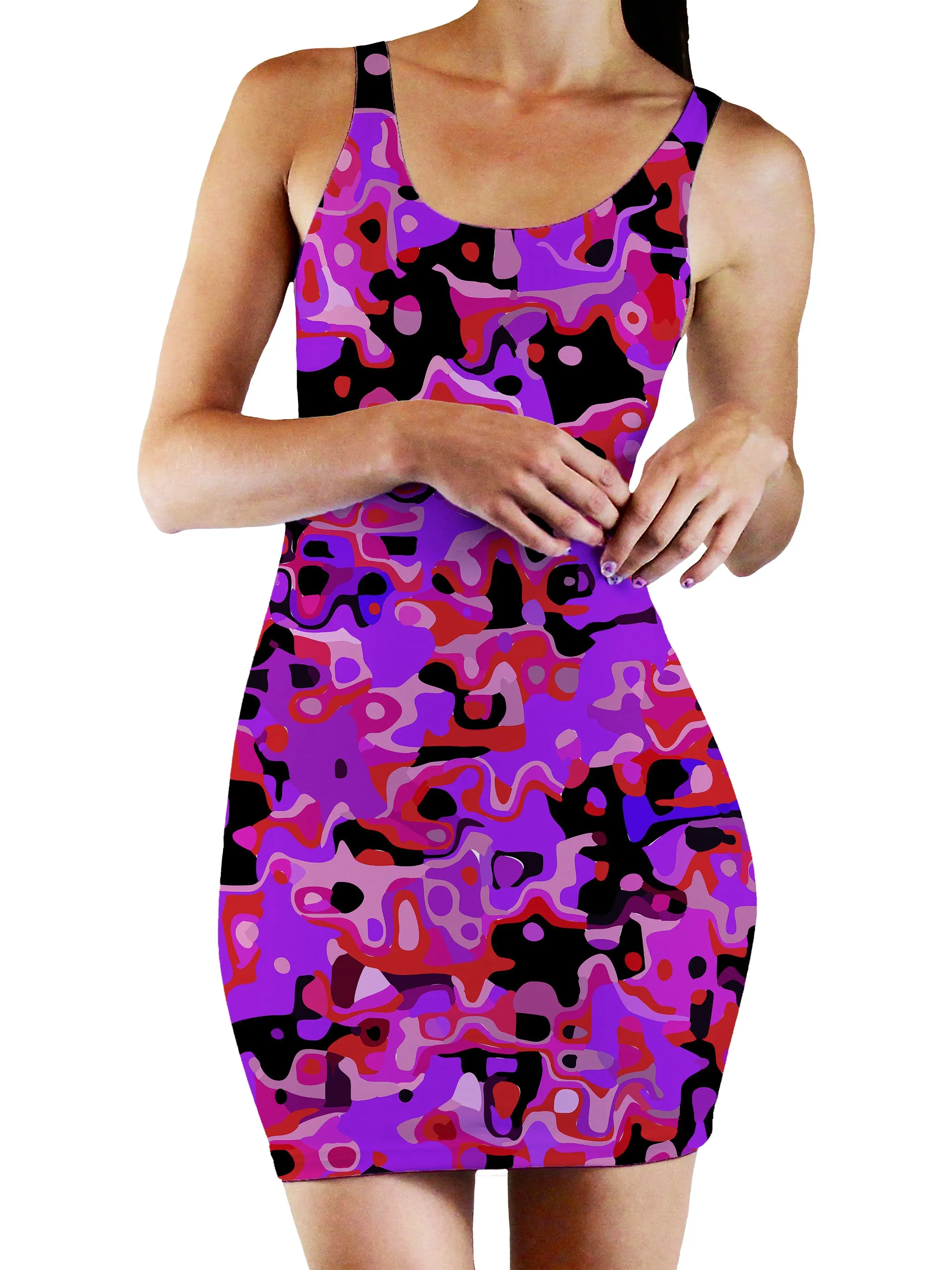 Purple Red and Black Rave Camo Melt Bodycon Mini Dress