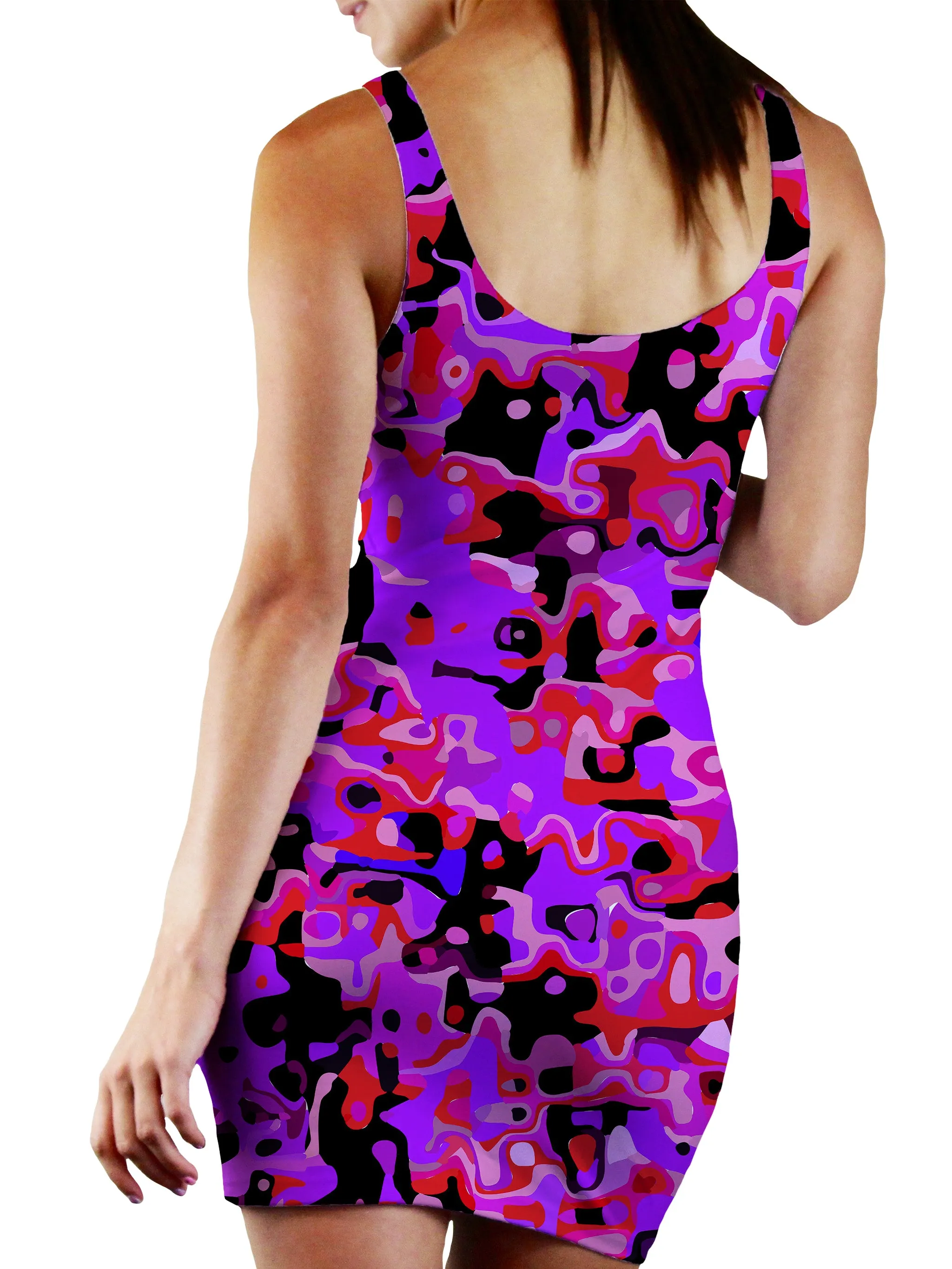 Purple Red and Black Rave Camo Melt Bodycon Mini Dress