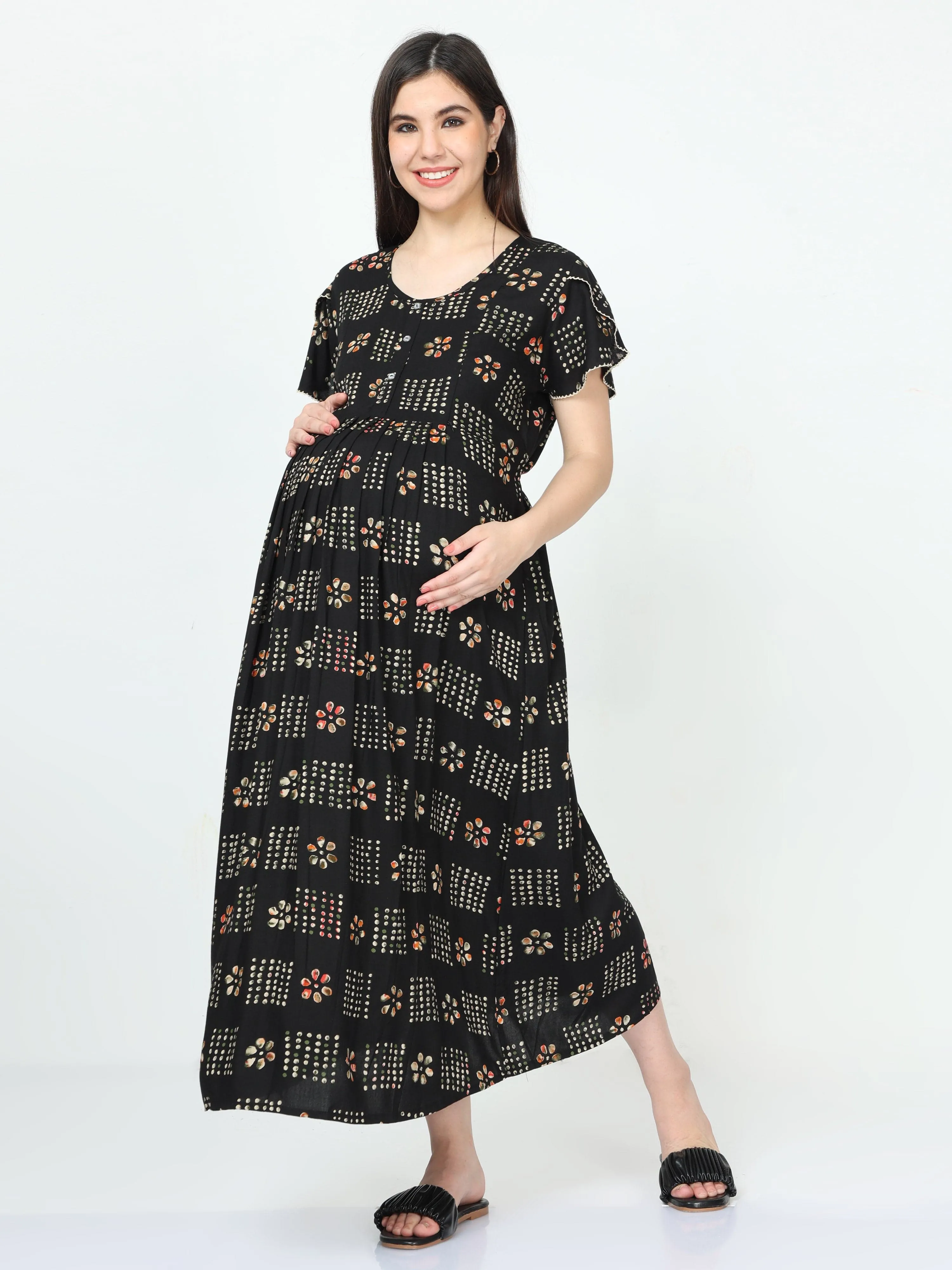 Rayon Maternity Feeding Dress Black