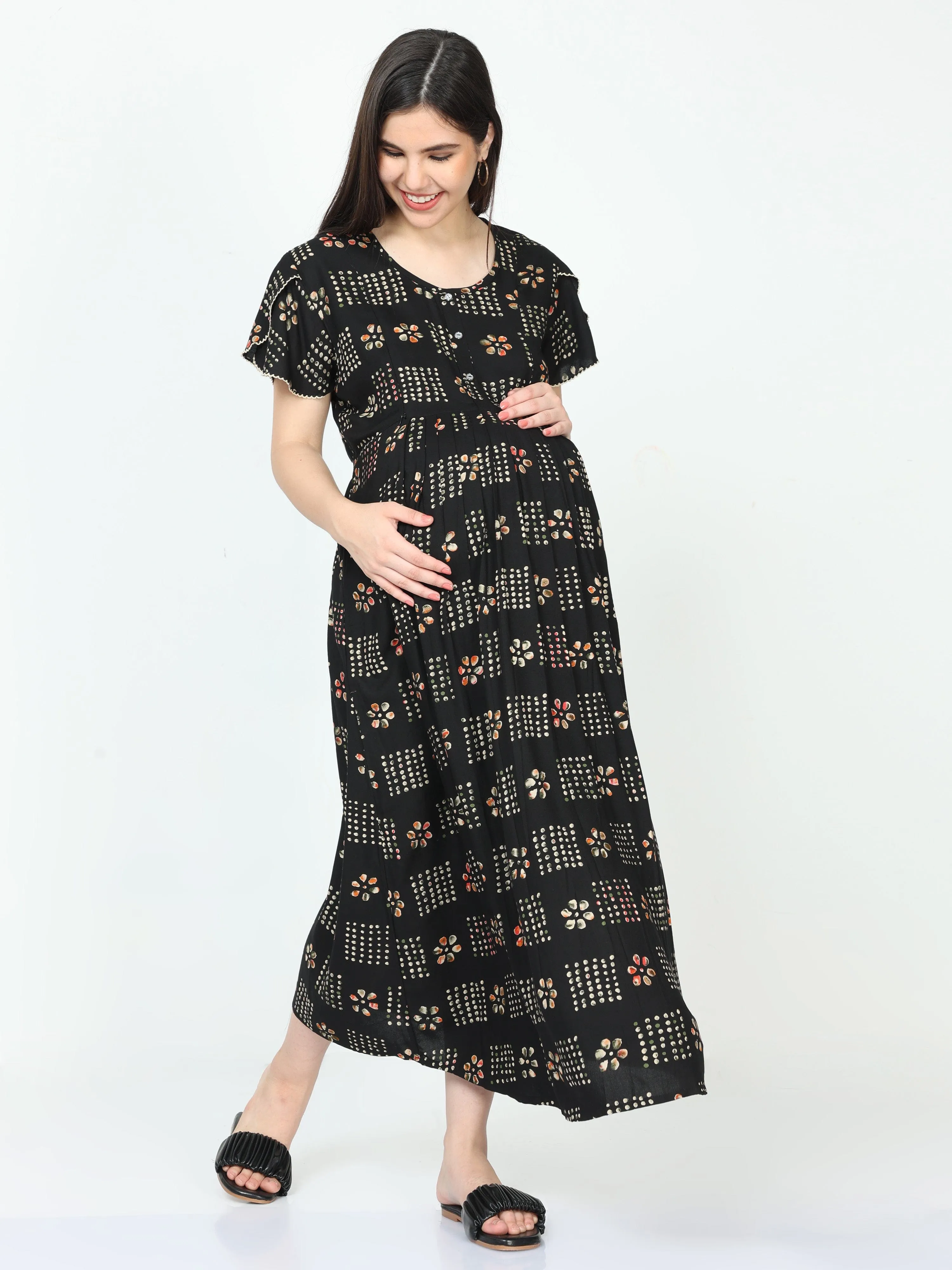 Rayon Maternity Feeding Dress Black