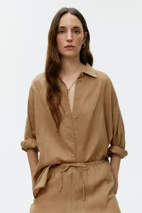 Relaxed Ramie Shirt - Long sleeve - Regular length - Beige - Ladies | H&M GB