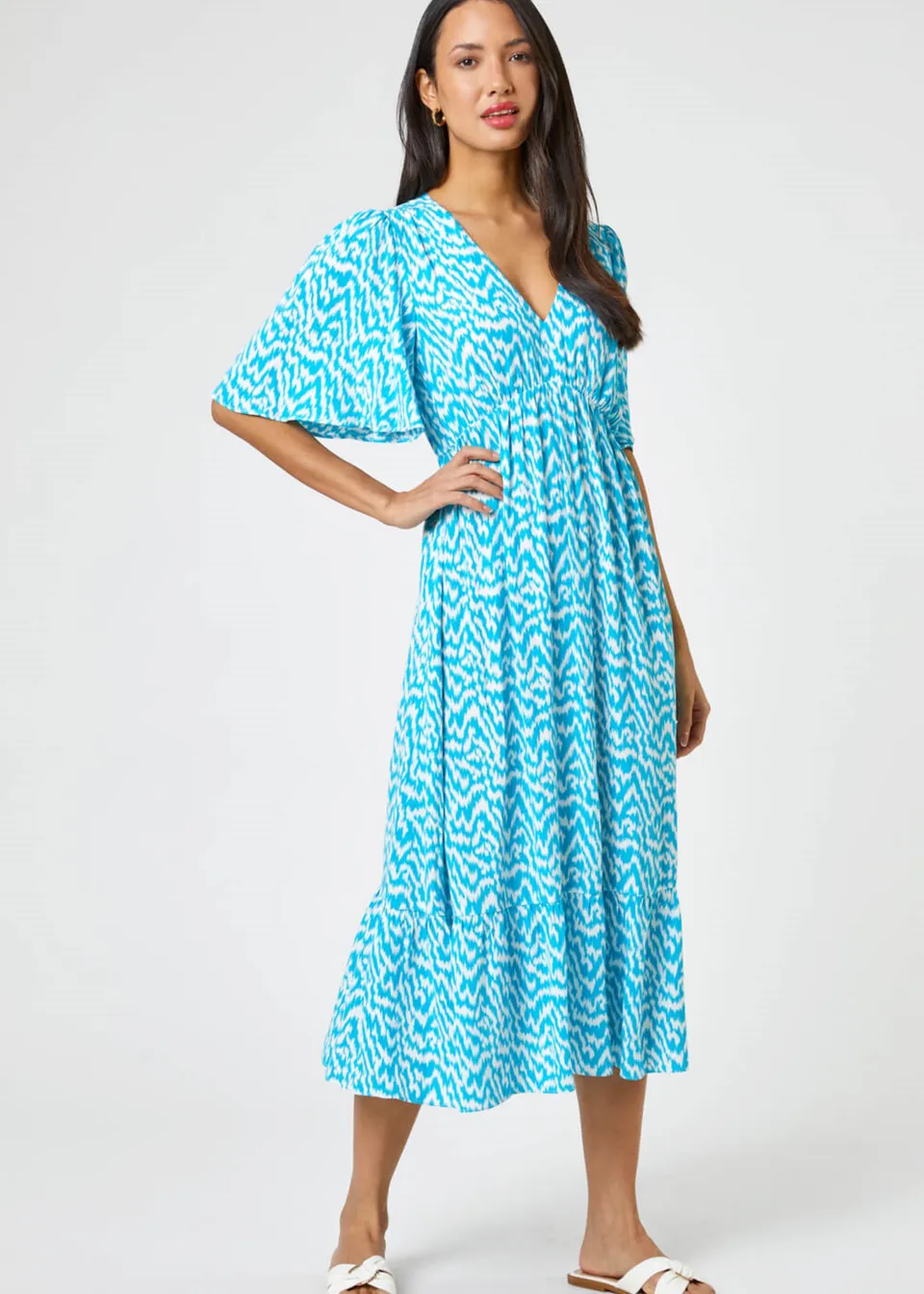 Roman Aqua Zig Zag Tiered Maxi Dress