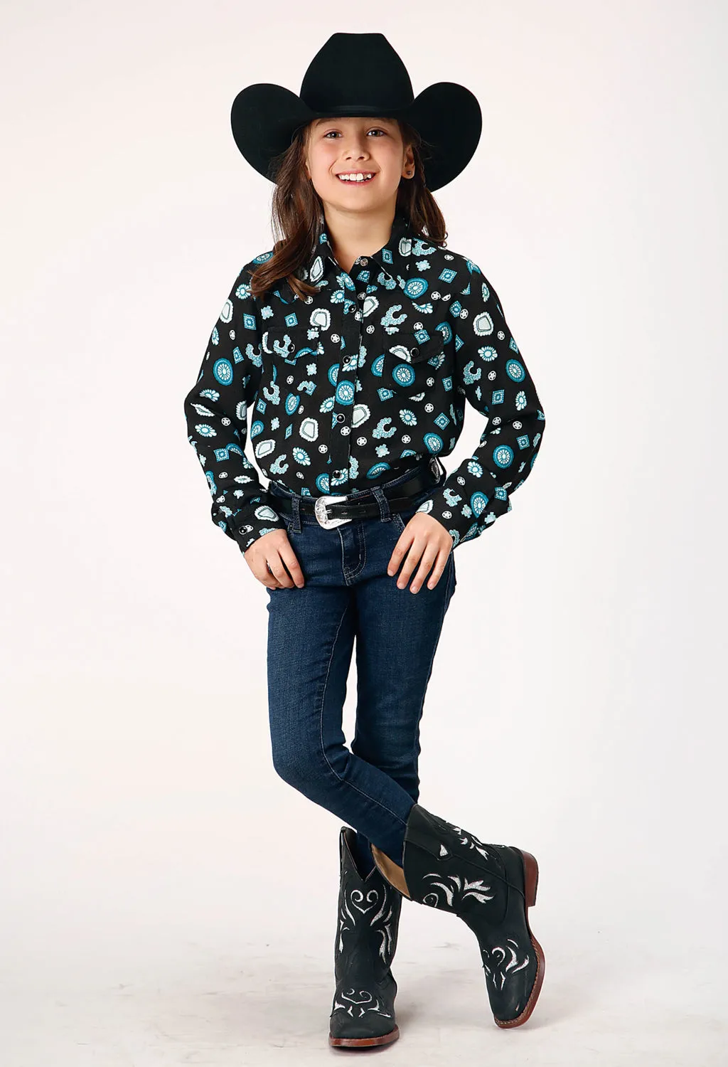 Roper Girls Jewel Print Black 100% Rayon L/S Shirt