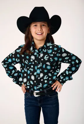 Roper Girls Jewel Print Black 100% Rayon L/S Shirt