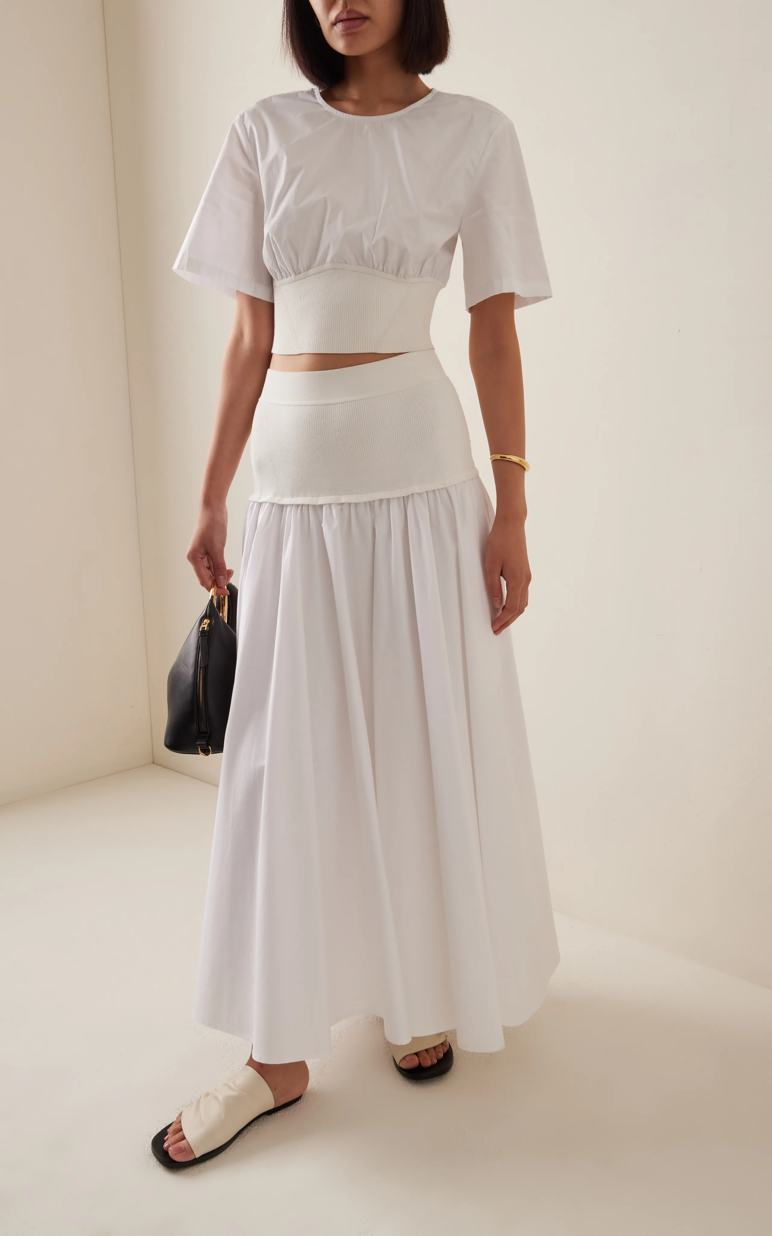 SIMKHAI Adair Knit-Trimmed Cotton-Poplin Crop Top