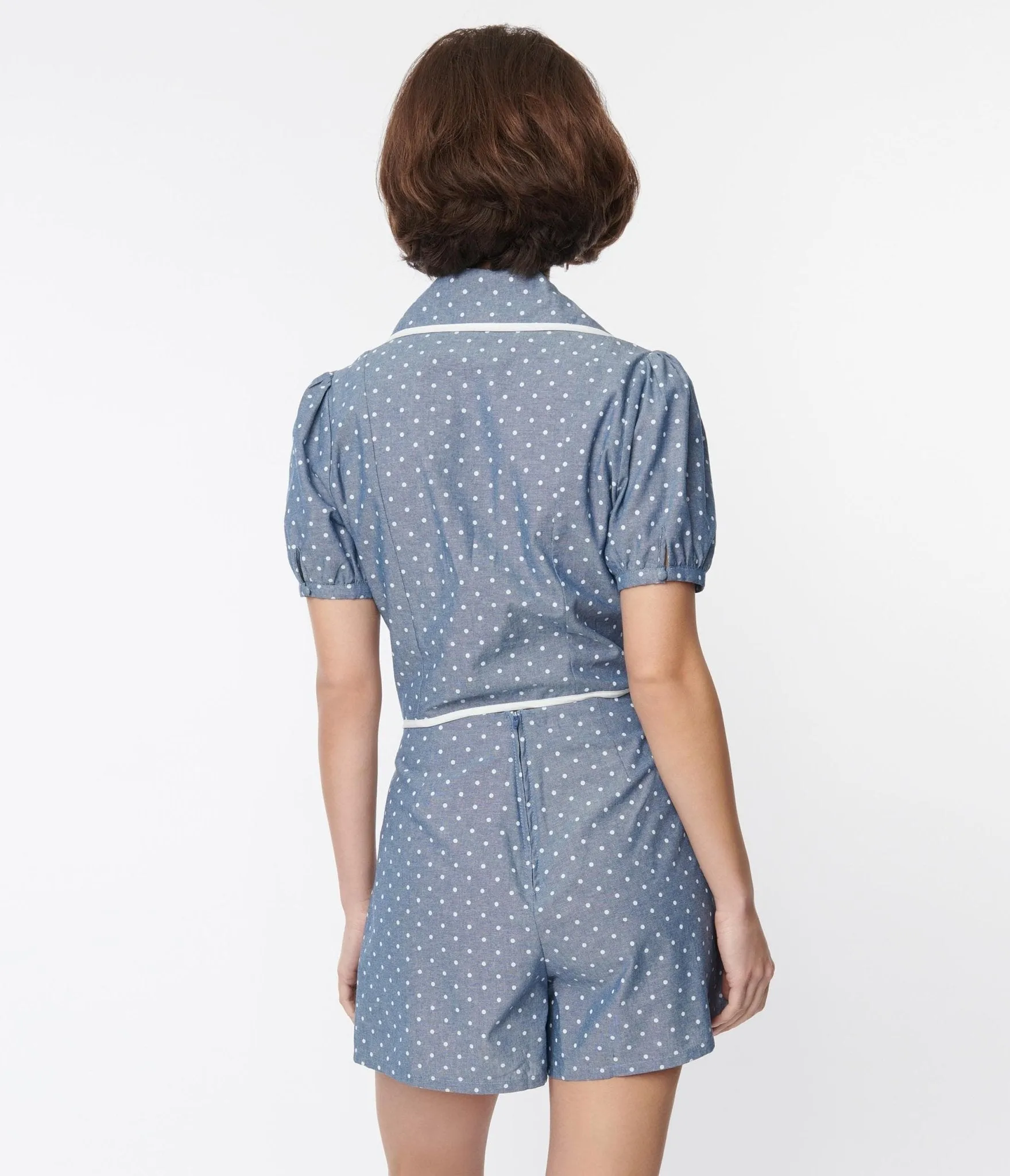 Smak Parlour Chambray & White Polka Dot Cropped Blouse