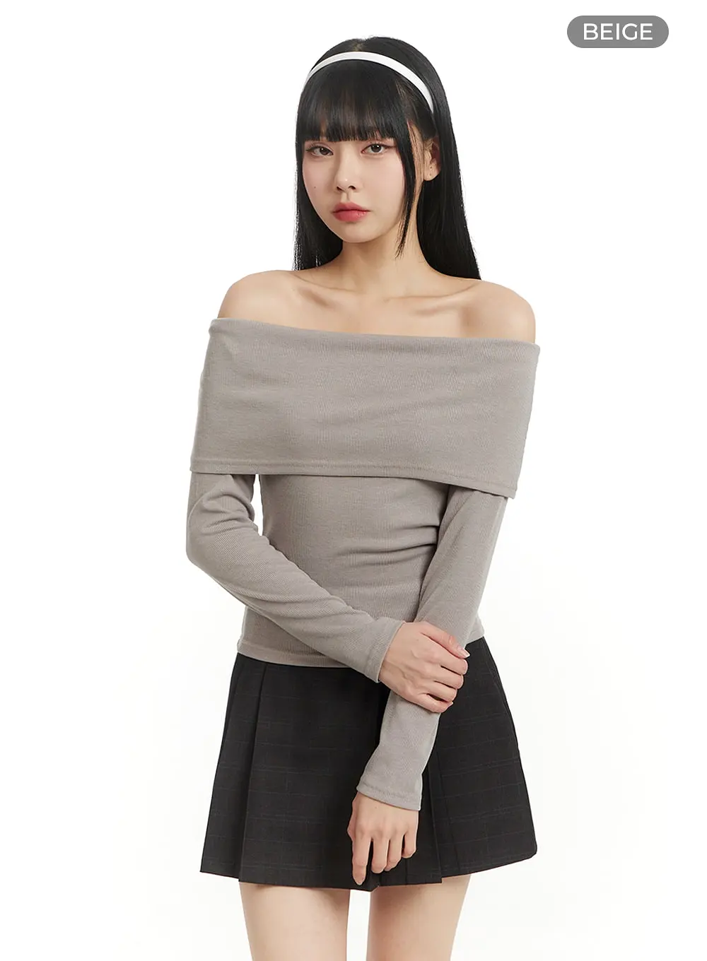 Solid Cotton Off Shoulder Long Sleeve Top IM406