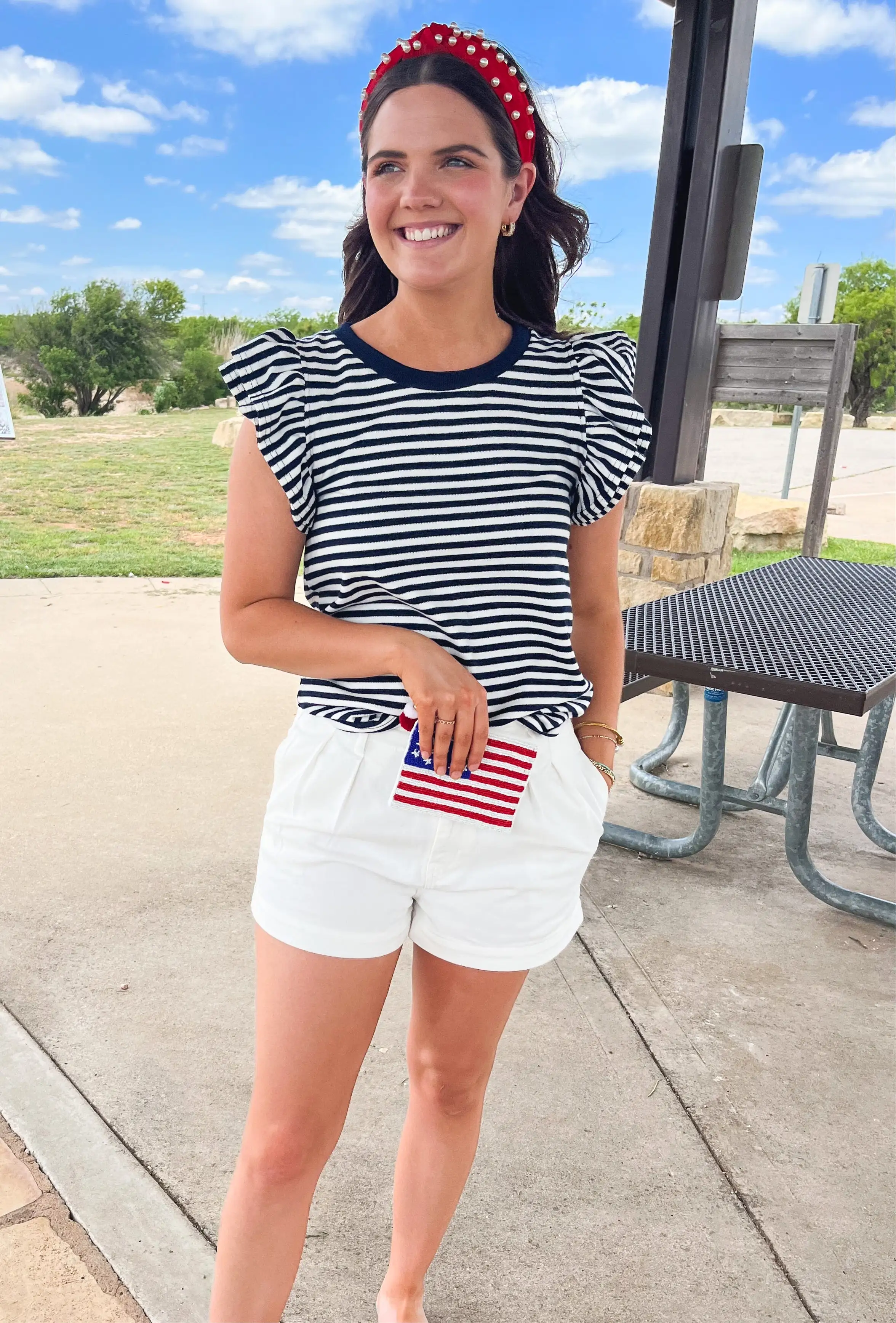 STRIPE RUFFLE DETAIL KNIT TOP- NAVY/IVORY