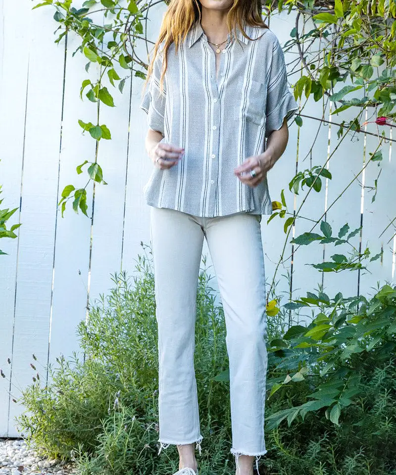 Striped Button Down Blouse - Ivory/Black