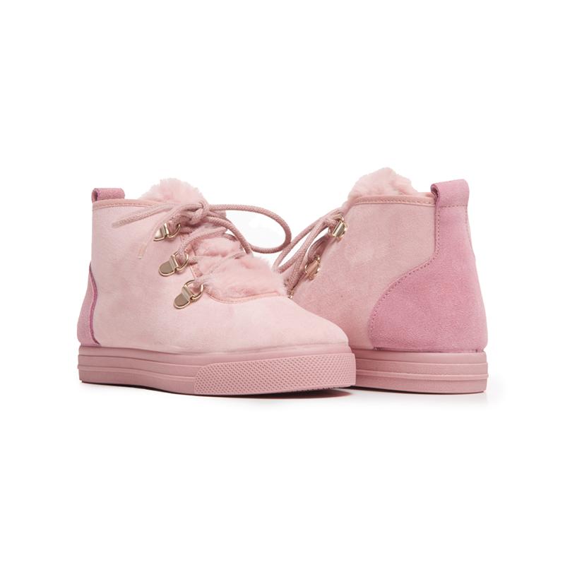 Suede Lace-Up Booties with Faux-Fur in Pink