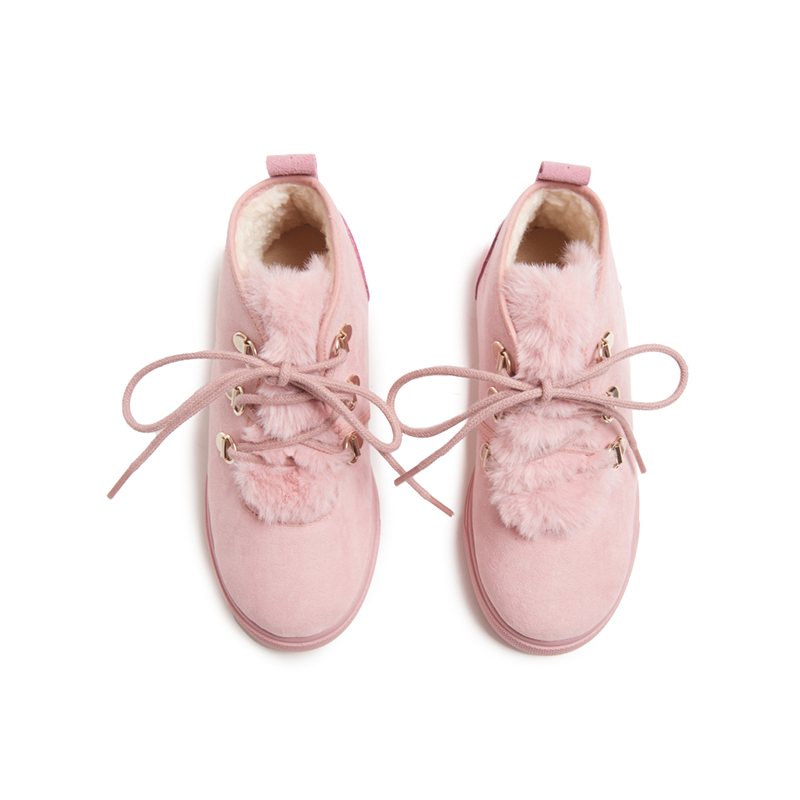 Suede Lace-Up Booties with Faux-Fur in Pink