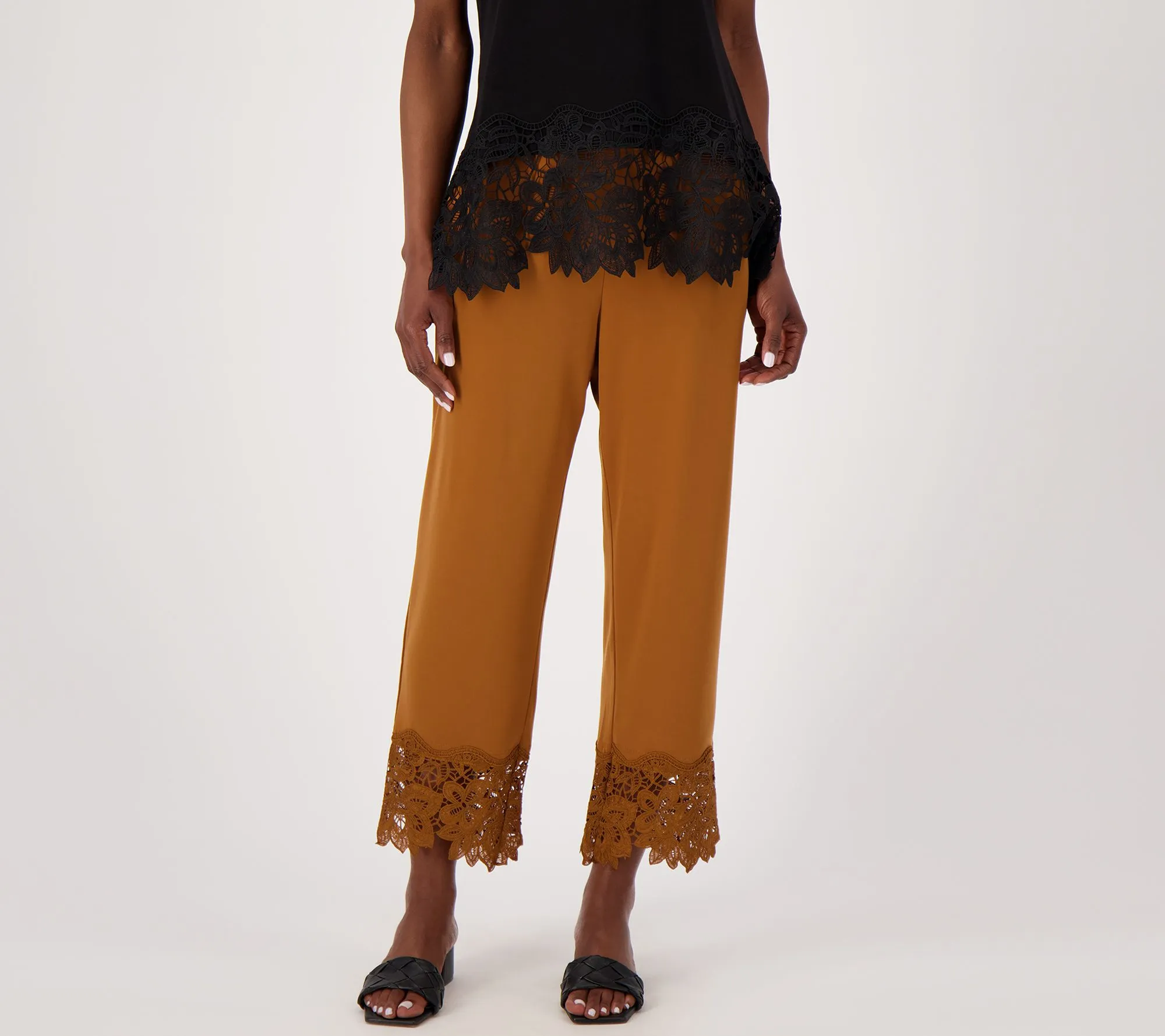 Susan Graver Occasions Pet Liquid Knit Lace Hem Crop Pants