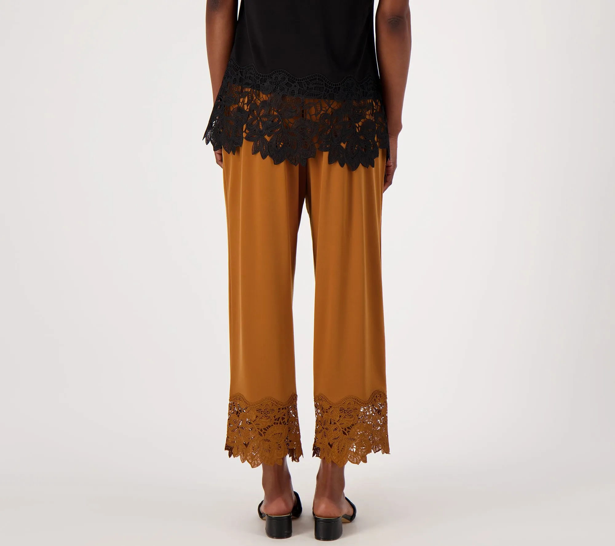 Susan Graver Occasions Pet Liquid Knit Lace Hem Crop Pants