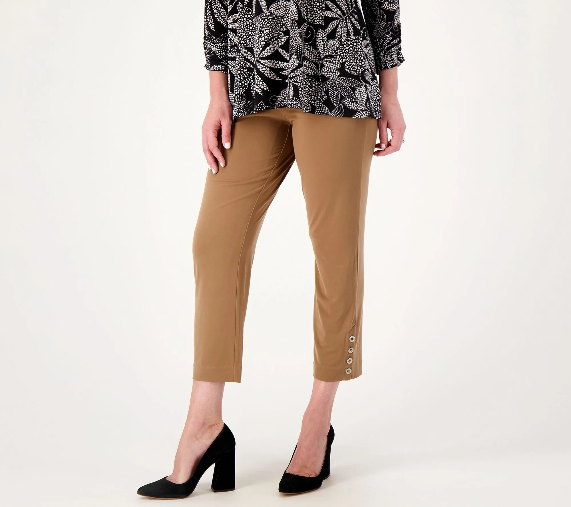 Susan Graver Pet Liquid Knit Ava Alim Crop Pants with Button Detail