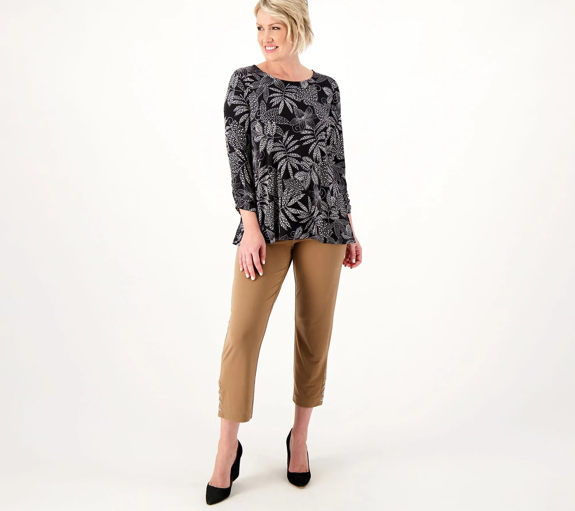 Susan Graver Pet Liquid Knit Ava Alim Crop Pants with Button Detail