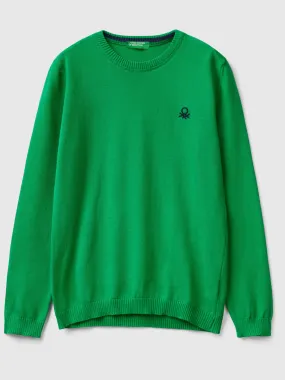 Sweater in pure cotton with logo - Green | Benetton