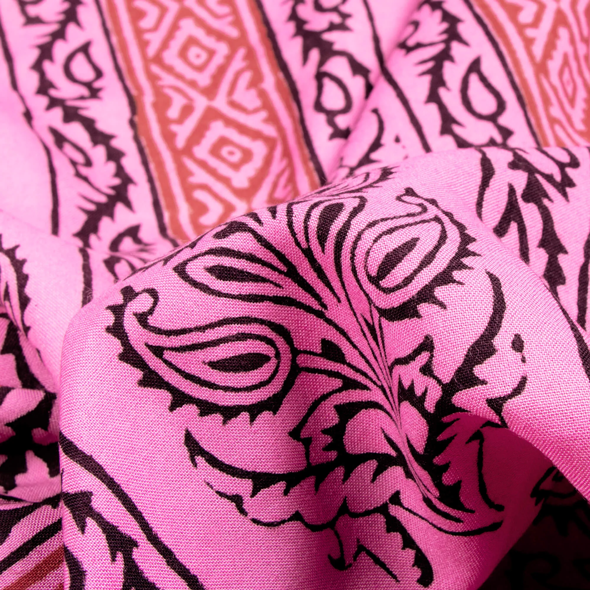 Taffy Pink And Black Floral Pattern Bagh Print Handblock Natural Dye Rayon Fabric