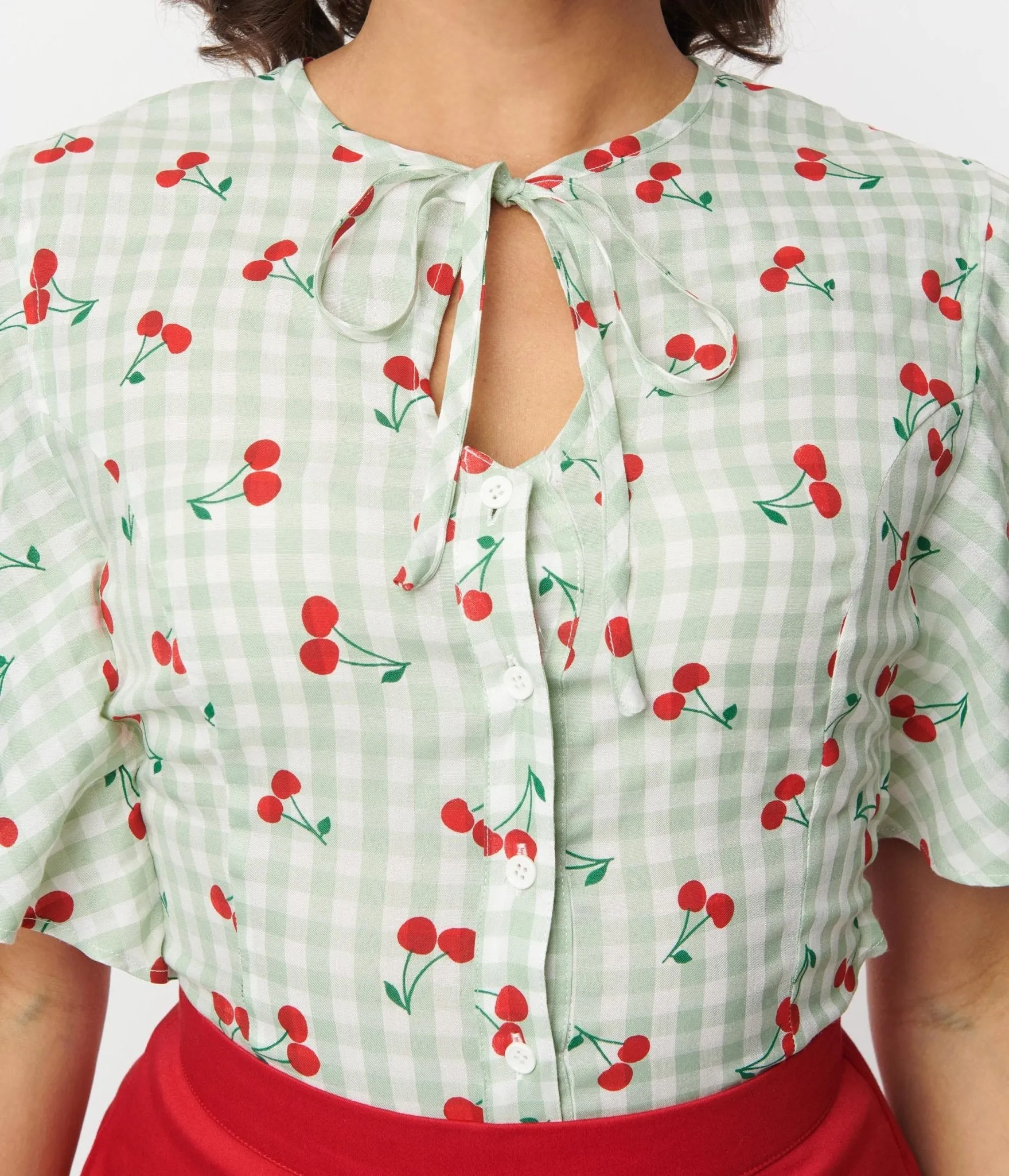 Unique Vintage 1940s Mint & White Cherry Gingham Cecilia Blouse