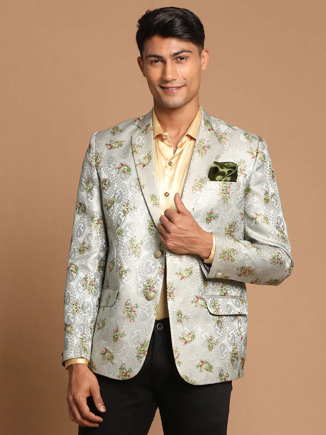 VASTRAMAY Men's Light Green Woven Silk Blend Blazer