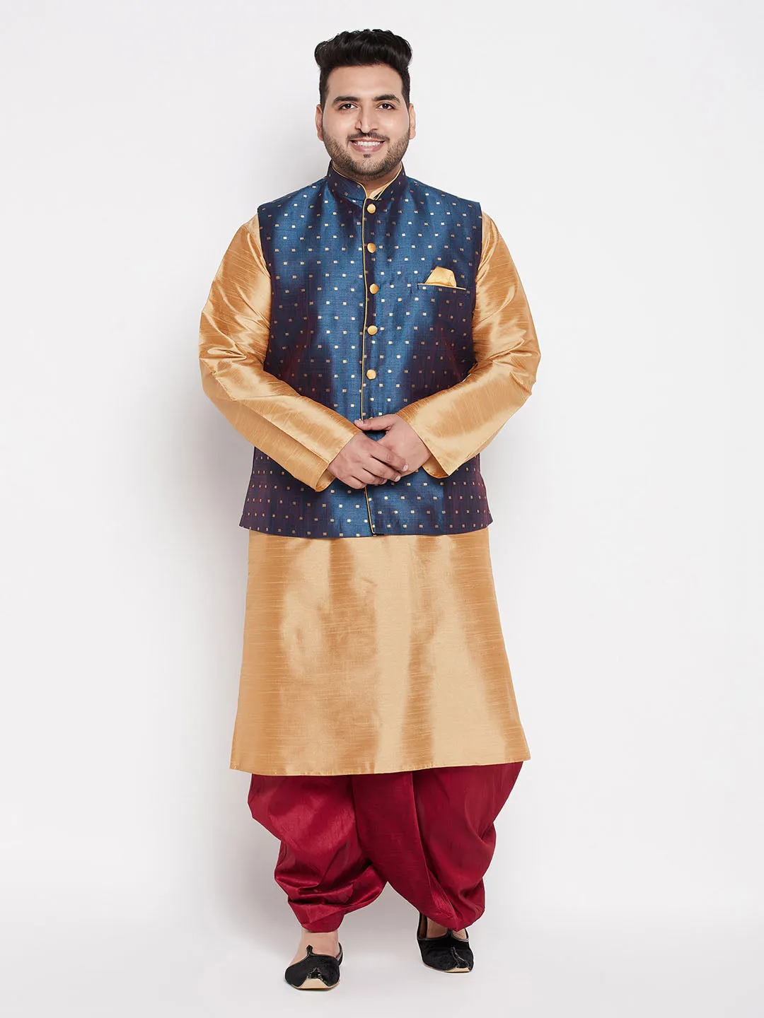 VASTRAMAY Men's Plus Size Blue Zari Weaved Nehru Jacket With Kurta Dhoti set