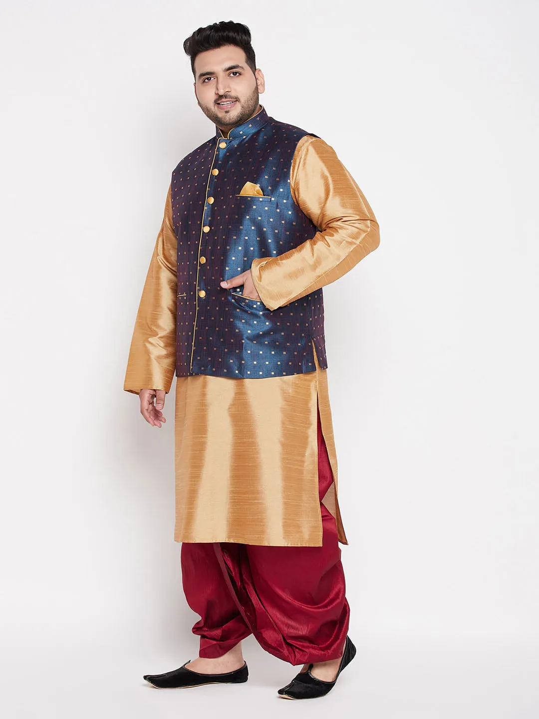 VASTRAMAY Men's Plus Size Blue Zari Weaved Nehru Jacket With Kurta Dhoti set