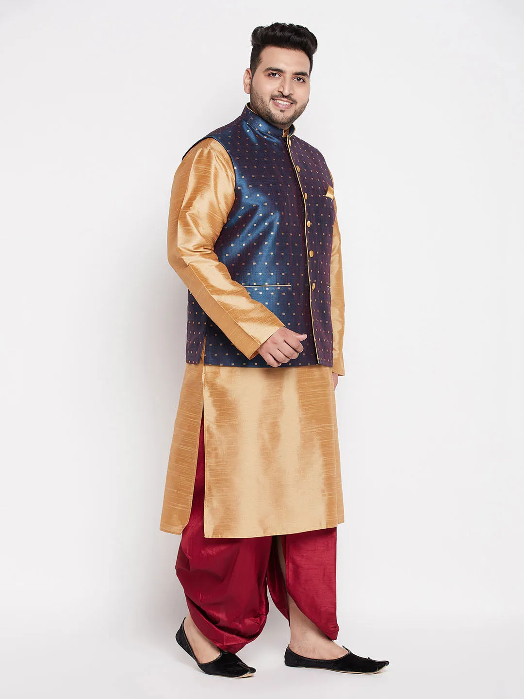 VASTRAMAY Men's Plus Size Blue Zari Weaved Nehru Jacket With Kurta Dhoti set