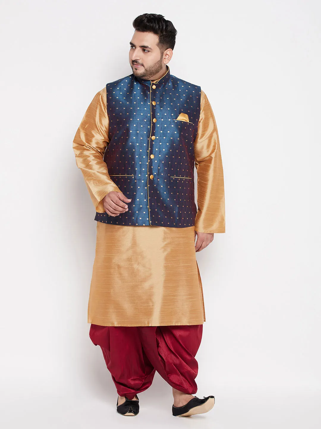 VASTRAMAY Men's Plus Size Blue Zari Weaved Nehru Jacket With Kurta Dhoti set