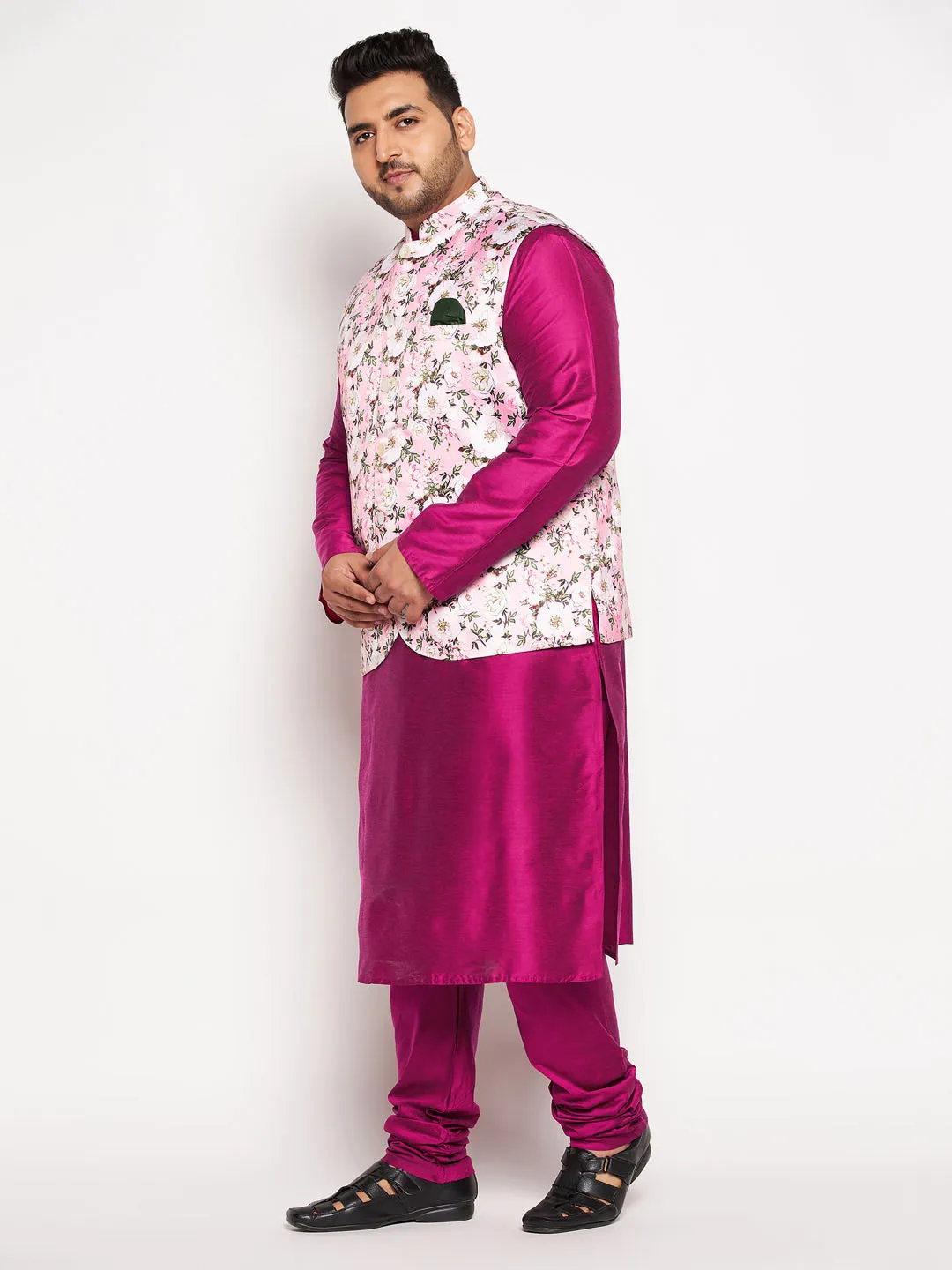 VASTRAMAY Men's Plus Size Pink Floral printed Jacket With Fuchsia Solid Kurta Pyjama Set