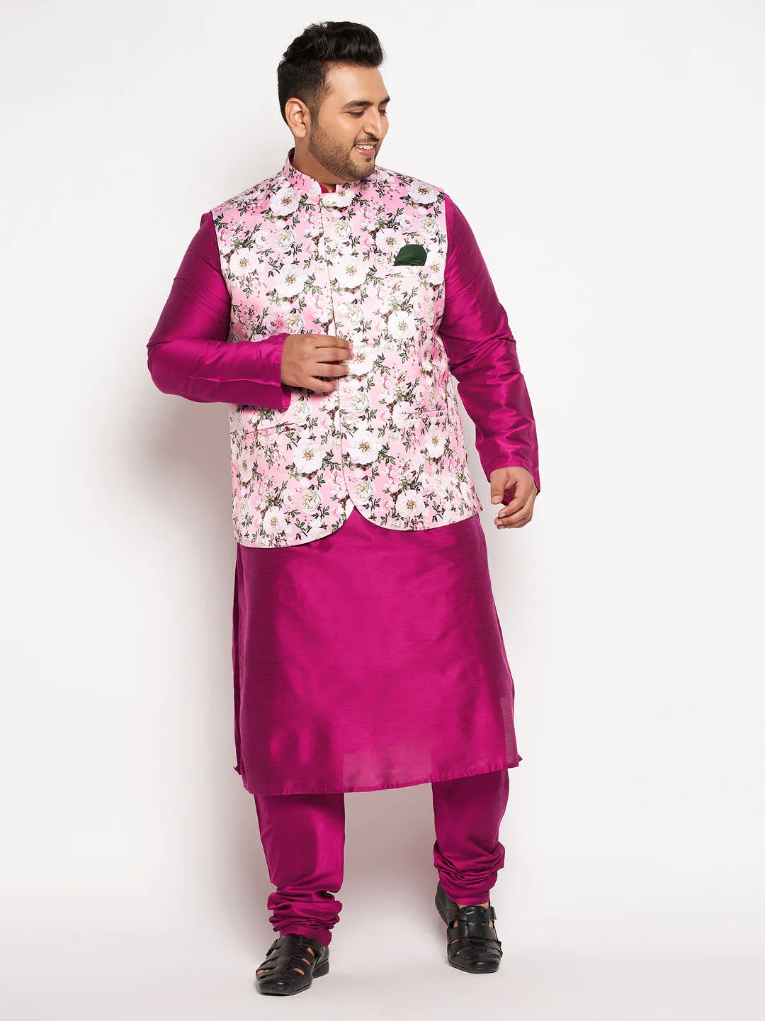 VASTRAMAY Men's Plus Size Pink Floral printed Jacket With Fuchsia Solid Kurta Pyjama Set