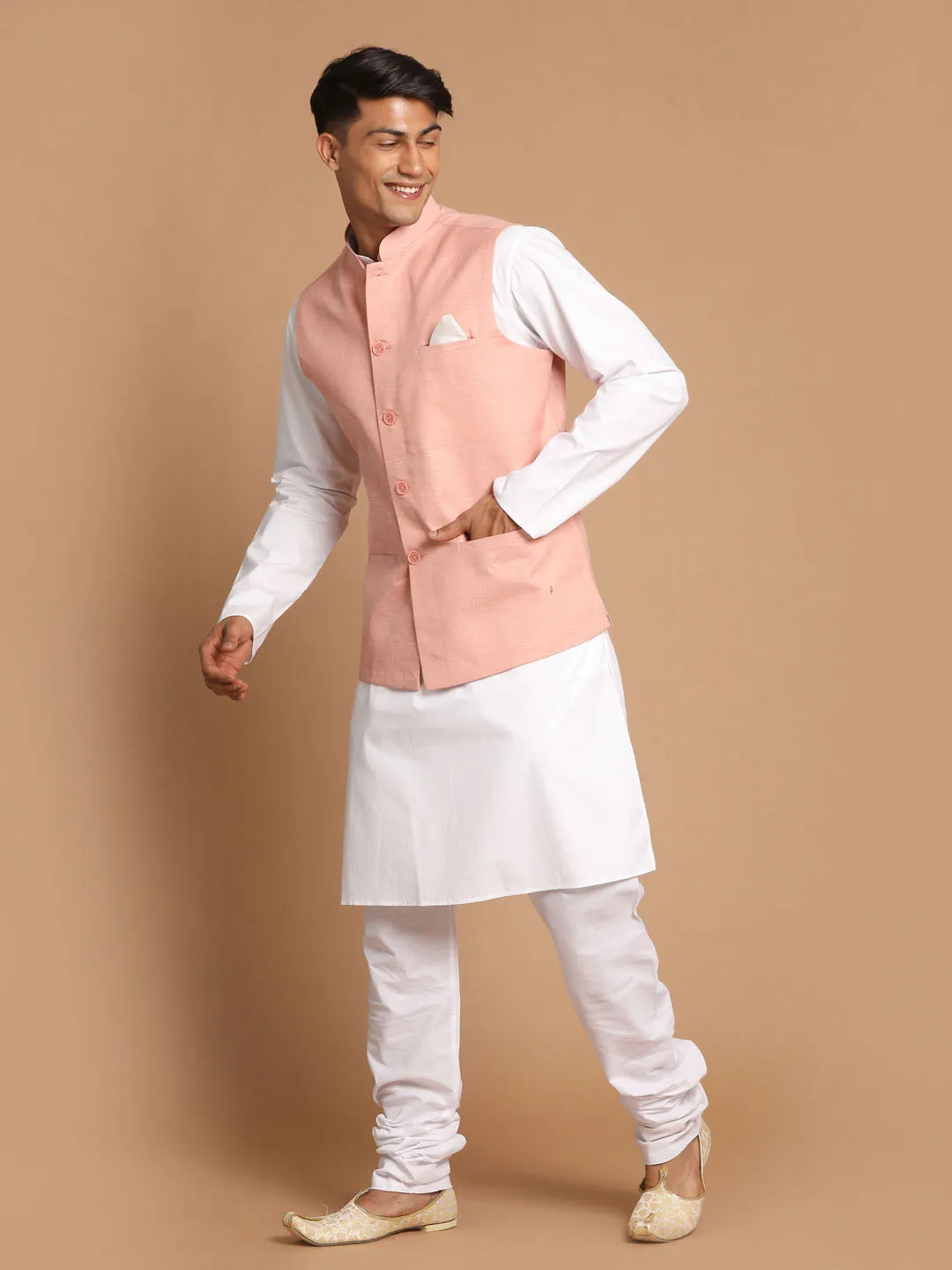 VASTRAMAY Men's White Cotton Kurta, Solid Royal Nehru Jacket and Pyjama Set