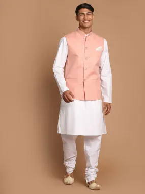 VASTRAMAY Men's White Cotton Kurta, Solid Royal Nehru Jacket and Pyjama Set