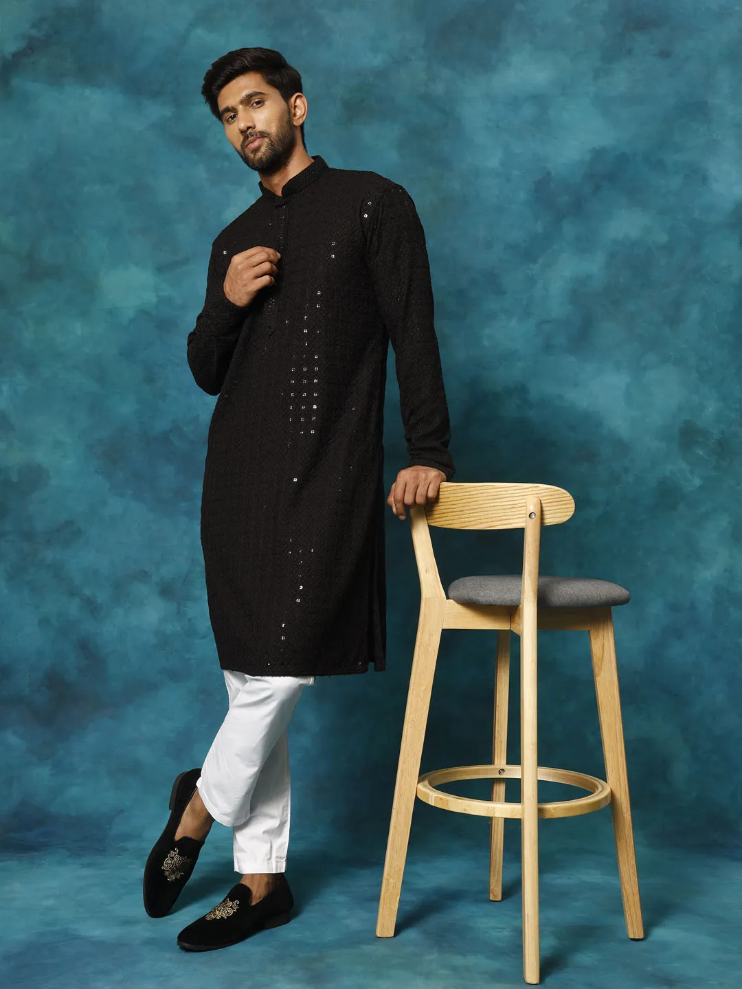 VM By VASTRAMAY Men's Black Rayon Schiffli Kurta And Pant Set