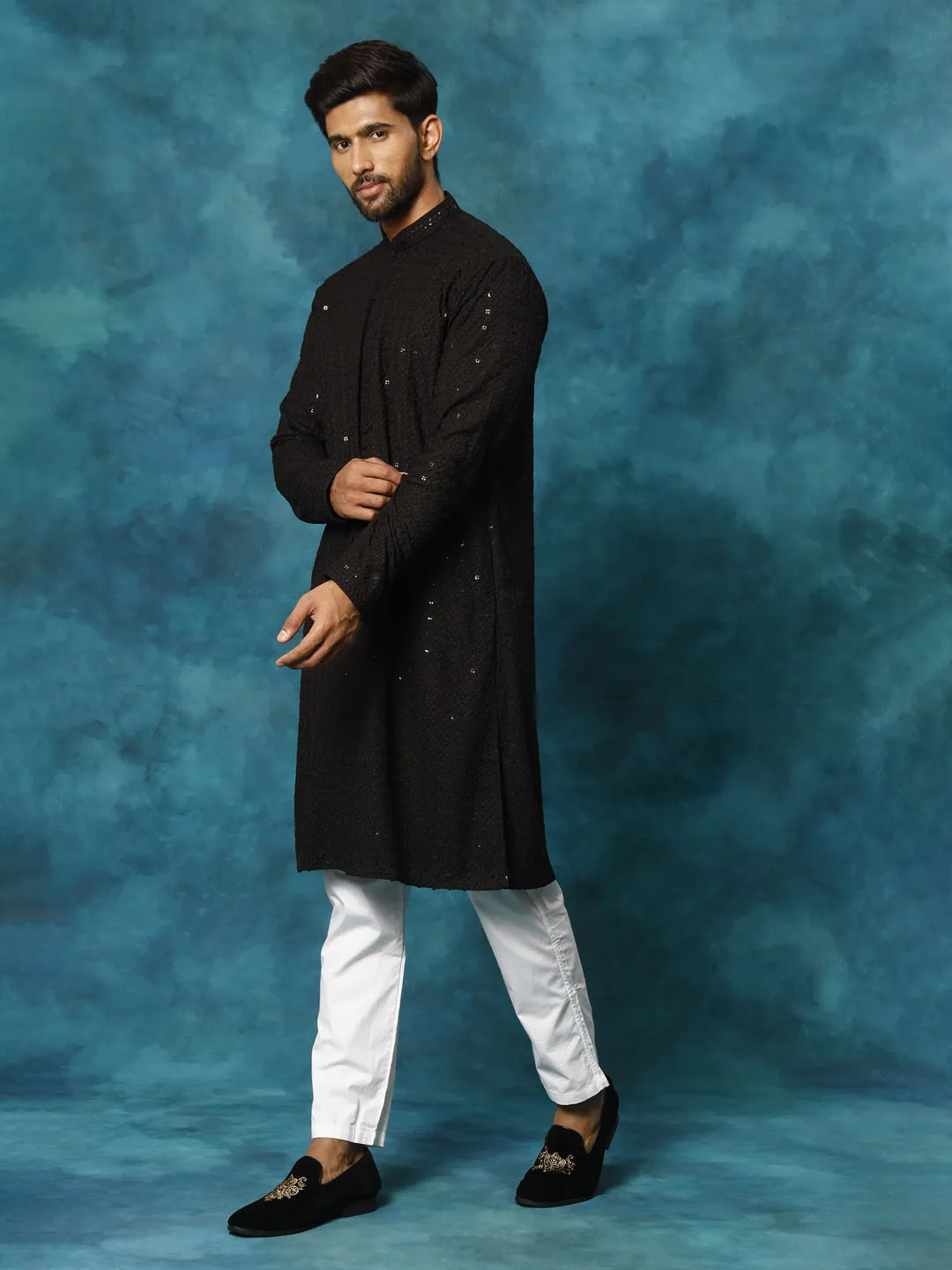 VM By VASTRAMAY Men's Black Rayon Schiffli Kurta And Pant Set