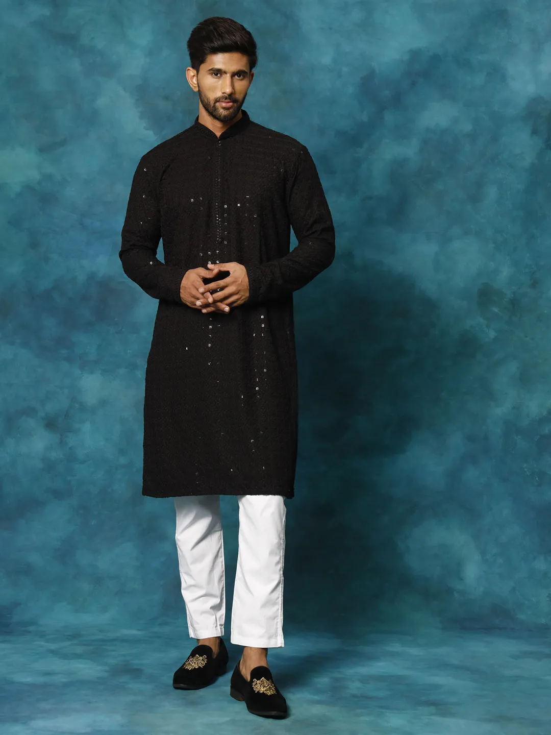 VM By VASTRAMAY Men's Black Rayon Schiffli Kurta And Pant Set